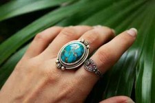 Genuine Blue Copper Turquoise Ring Statement Ring 925 Sterling Silver Boho Ring