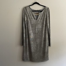 Vince Camuto Women 12 Gold Gray Metallic Shimmer Long Sleeve Keyhole Shift Dress
