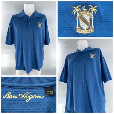 Ben Hogan Pelican Bay Polo Golf Shirt Men L Blue Striped 100% Cotton YGI C5-24