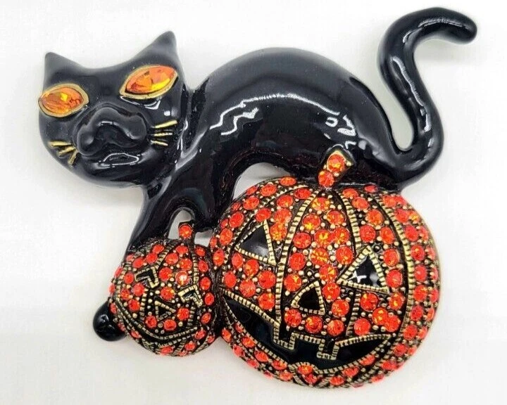Heidi Daus Black Cat in Pumpkin Patch Pin with Enamel and Swarovski Crystals