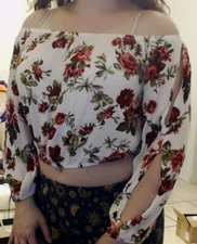 Rose Crop Top Womens Juniors Jrs Slit Sleeve Off Shoulder M Medium Spring Papaya