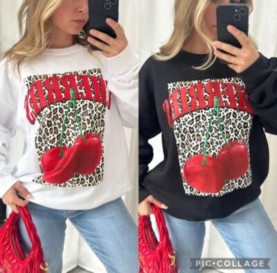 Damen Damen Kirschen Leopardendruck Pullover Baggy Sweatshirt Pullover Top 8-22
