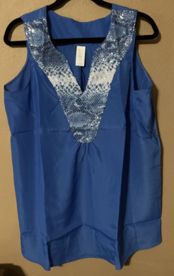 Avon Women's Blue Snakeskin Sequin Deep V-neck Pullover Tunic - Size L NEW