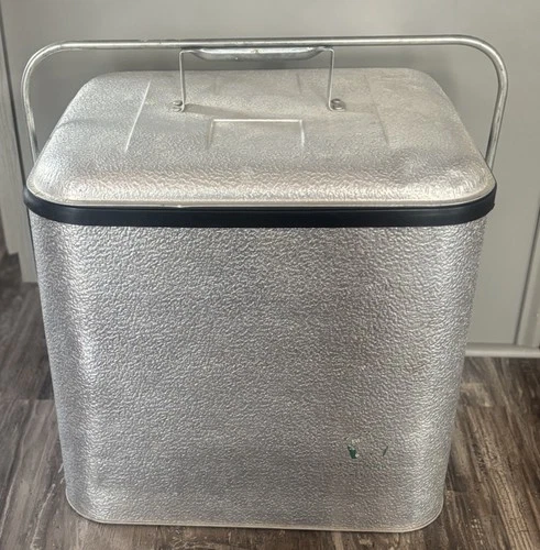 Vintage Thermos Aluminum Ice Chest Picnic Cooler w/ Drain & Label Silver Metal
