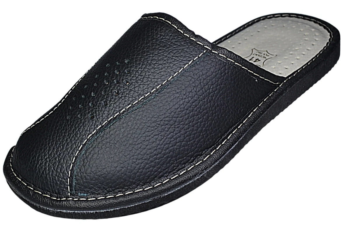 Herren Leder Hausschuhe schwarz Handarbeit Latschen Pantoffeln Schlappen Gr40-46