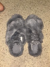 Stars Above Slippers Womens 11-12 Slide Gray Faux Fur Slip On Open Toe NEW
