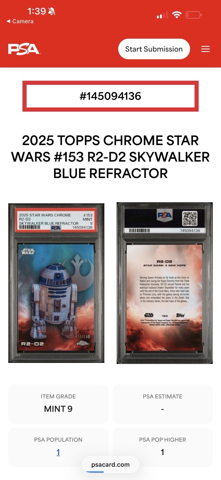 2025 Topps Chrome Star Wars R2-D2 Skywalker Blue Refractor 27/150 PSA 9 view 3