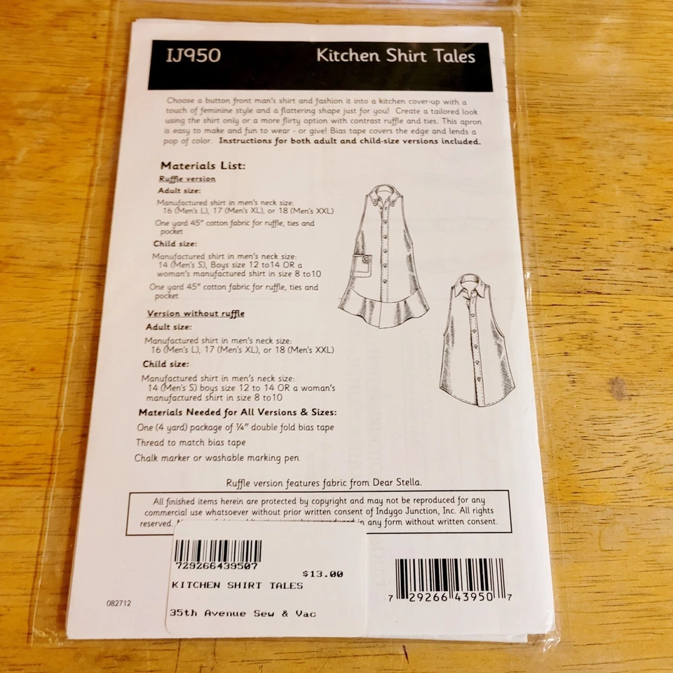 Indygo Junction Kitchen Shirt Tails Sewing Pattern Turn Mens Shirt Into Apron - Image 2 of 2
