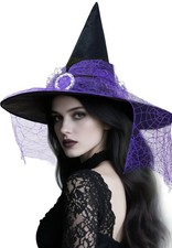 Lace Purple Medium Witch Hats for Women Halloween Cosplay Costume Accessories