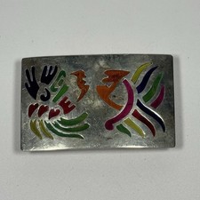 Vintage Abstract Enamel Art Belt Buckle Silver Tone Multicolor Geometric