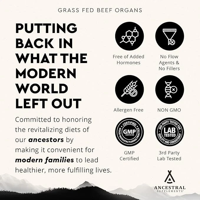 Suplementos ancestrales suplemento de órgano de carne alimentado con pasto - sin OGM, 180 cápsulas Foto 4 de 4