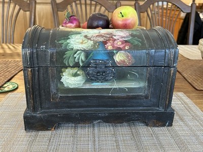Vtg Wooden Jewelry Organizer/ Keepsake Folk Art Chest Hand Painted Flowers
