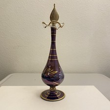 Vintage Egyptian Hand Blown Purple  Gold Iridescent Glass Genie Perfume Bottle
