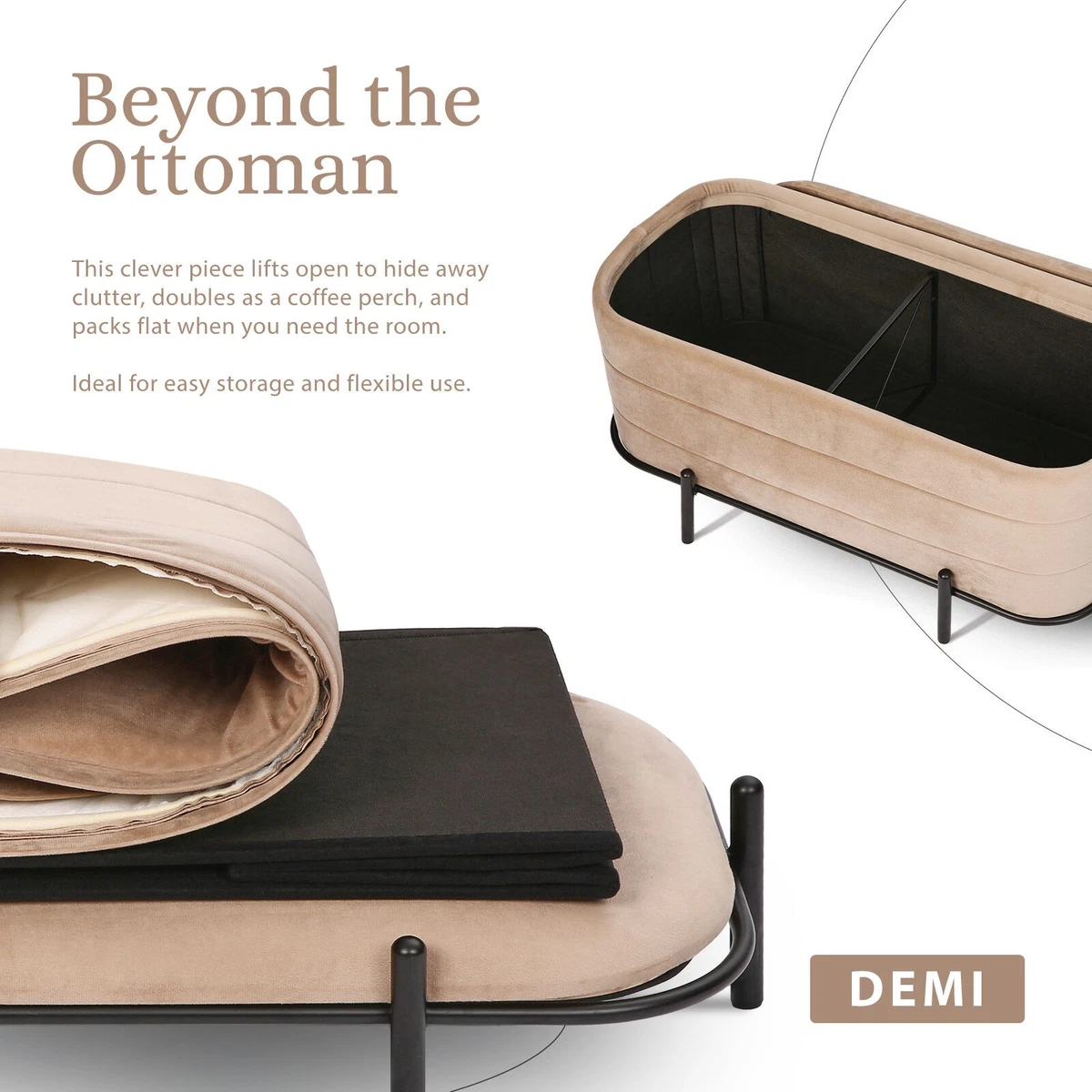 Coffee Table Storage Ottoman - Velvet Padded Blanket Box Bench DEMI CAMEL BEIGE