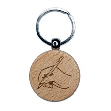 Delicate Hand with Pencil Writing Drawing Engraved Wood Round Keychain Tag Charm