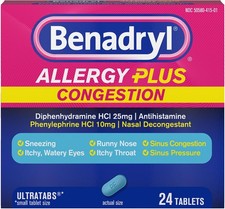 Benadryl Allergy Plus Congestion Ultratabs, Medicine 24 Count Pack of 1 
