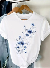Women Floral Graphic T-Shirt Cute Flower Casual Crew Neck Short Sleeve Tee Top