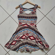Banana Lemon Aztec Diamond Boho Fit Flare Dress Cutout Back Stretch Size Medium
