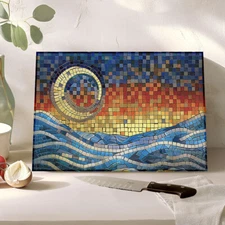 Ocean Waves Tampered Glass Cutting Board, Mosaic Print, Cheese Charcuterie Tray