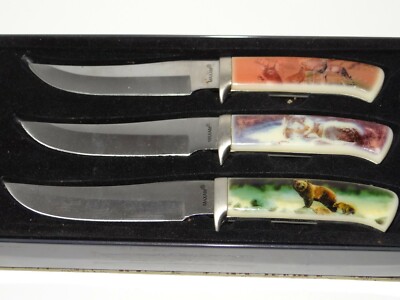 Maxam Steel Collector 3 Piece Knife Set Wildlife Deer Bear Wolf Handle 8''