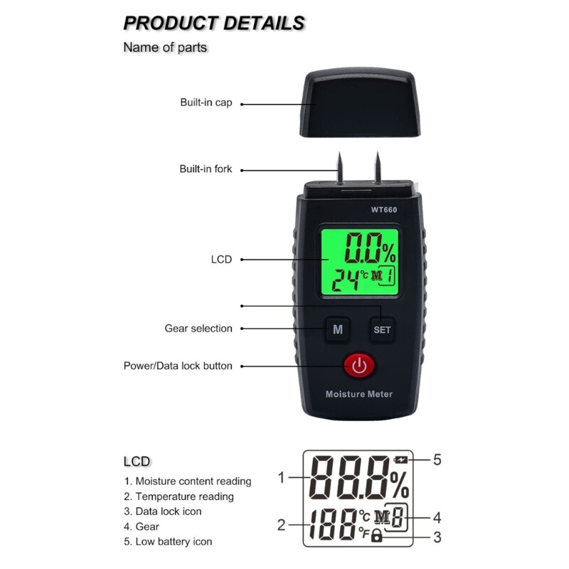 Wood Humidity Tester Timber Hygrometer Timber Damp Detector Wood