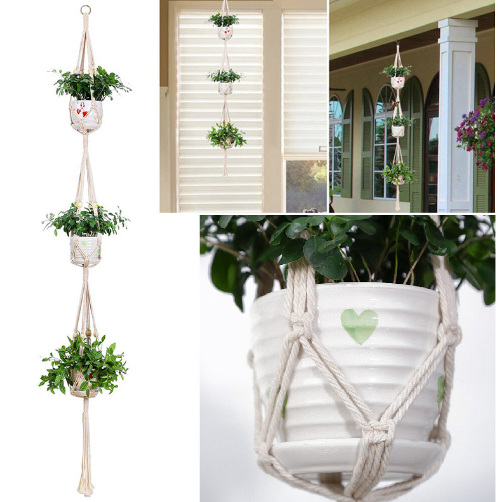 3 Layers Hand Woven Plants Flowers Pot Hanging Basket Holder Net Garden Decor