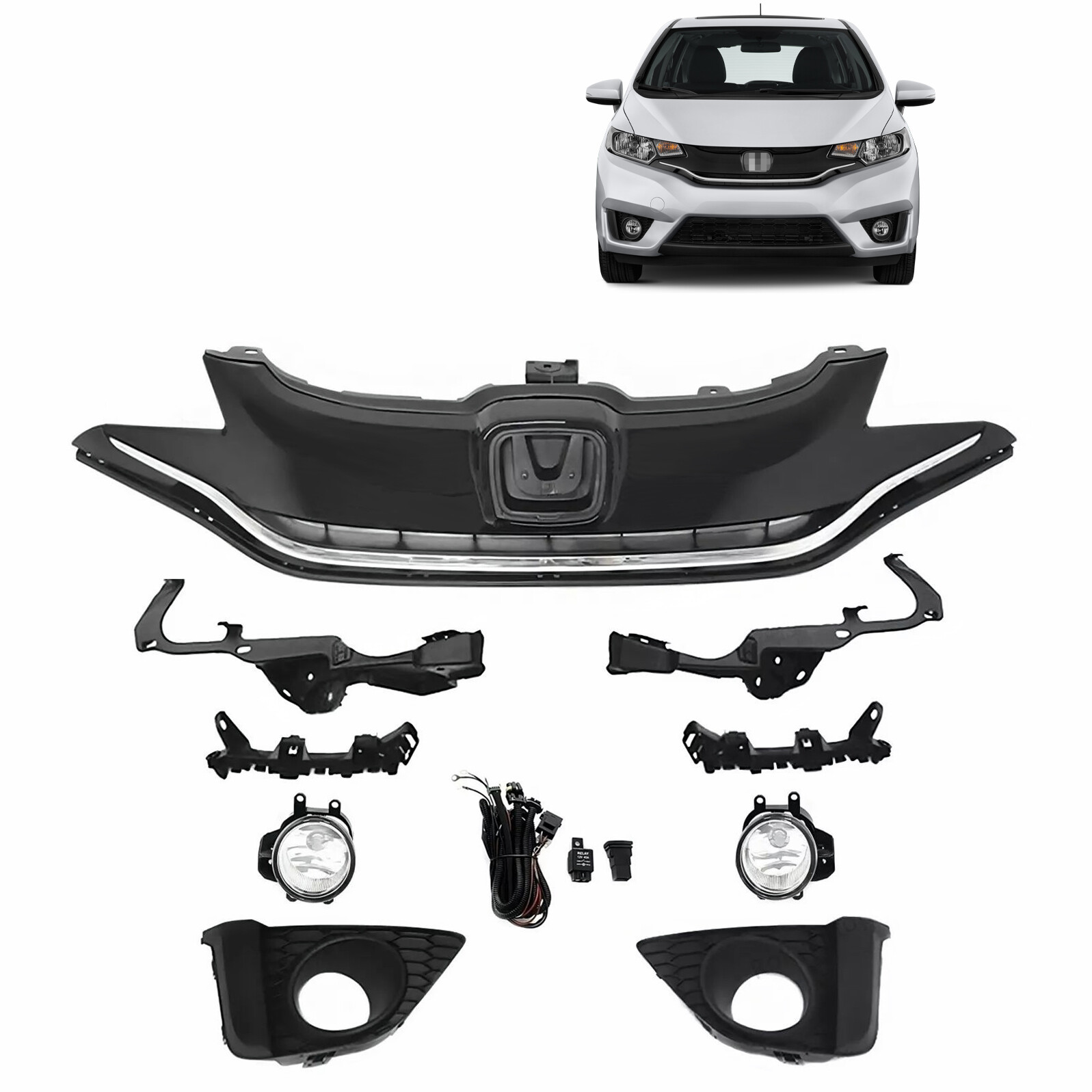 For Honda FIT EX 2015-2017 Front Bumper Upper Grille + Fog Light Kit+4 Brackets