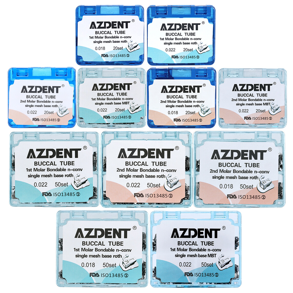 50 Sets Dental Orthodontic Buccal Tubes - 022 Slot, 1st/2nd Molar, MBT/Roth Style, AZDENT Brand