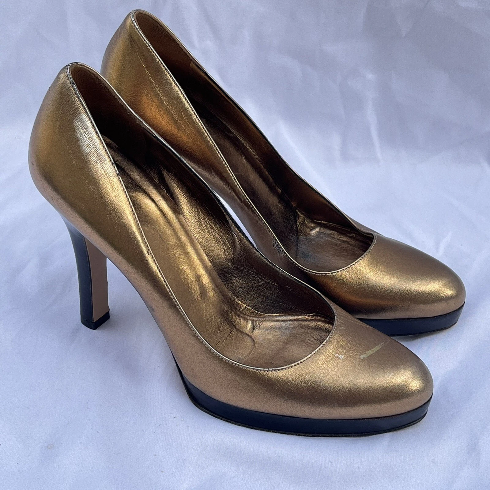 Escarpins à plateforme en cuir doré métallisé créateur Gucci talons 7B Italie Bling *DÉFAUTS