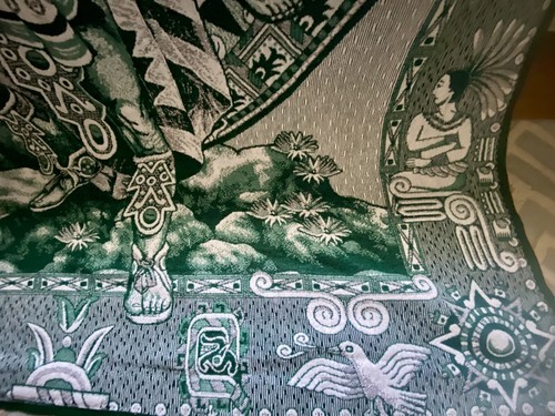 Woven AZTEC LEGENDARY WARRIOR/PRINCESS MEXICAN BLANKET wall hanging 91x81 GREEN - Picture 3 of 5