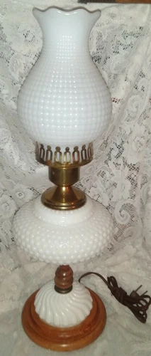 Vintage Vanity Hobnail Milk Glass Lamp w/ Wood & Brass Accents ~ Oil Lamp Design