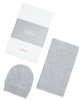 s.Oliver Beanie + Scarf Set Geschenkset Mütze Schal Grey Black hellgrau Neu