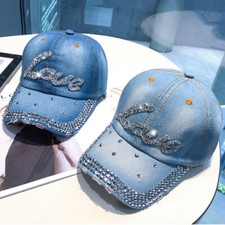 Femme Réglable Jeans Casquette Baseball Plein Soleil Chapeaux Strass Décontracté