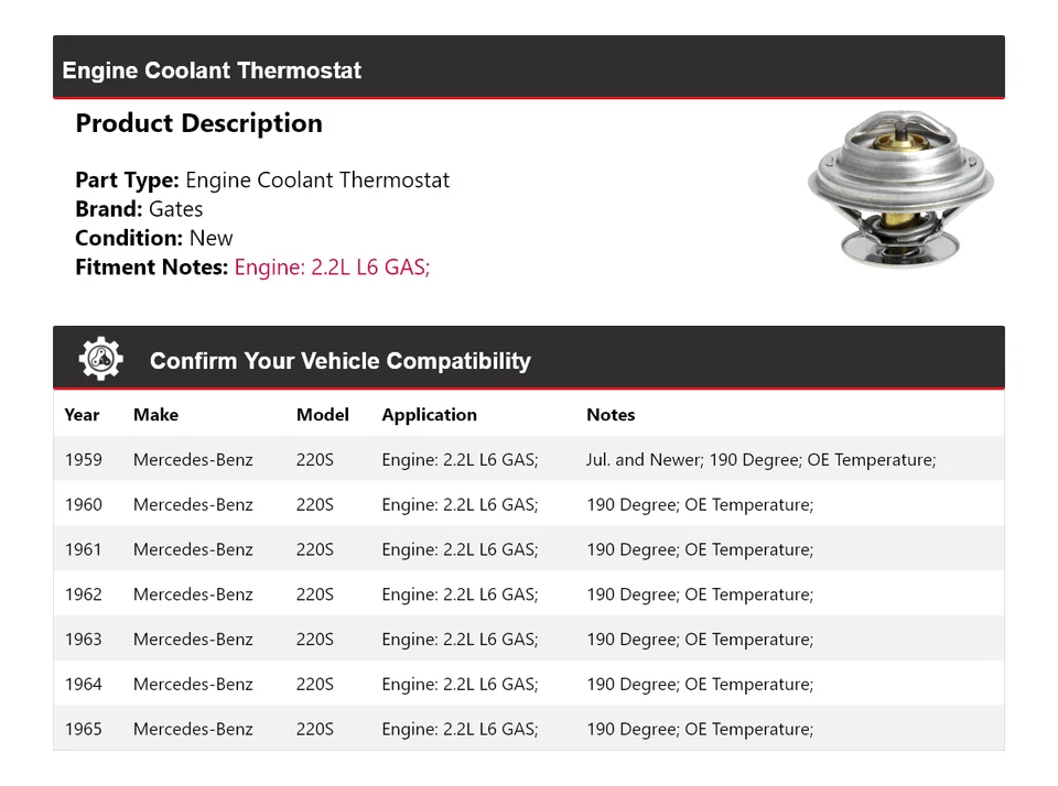 Para Mercedes-Benz 220S 1959-1965 2.2L L6 Motor Gas Refrigerante Termostato Puertas Foto 2 de 4