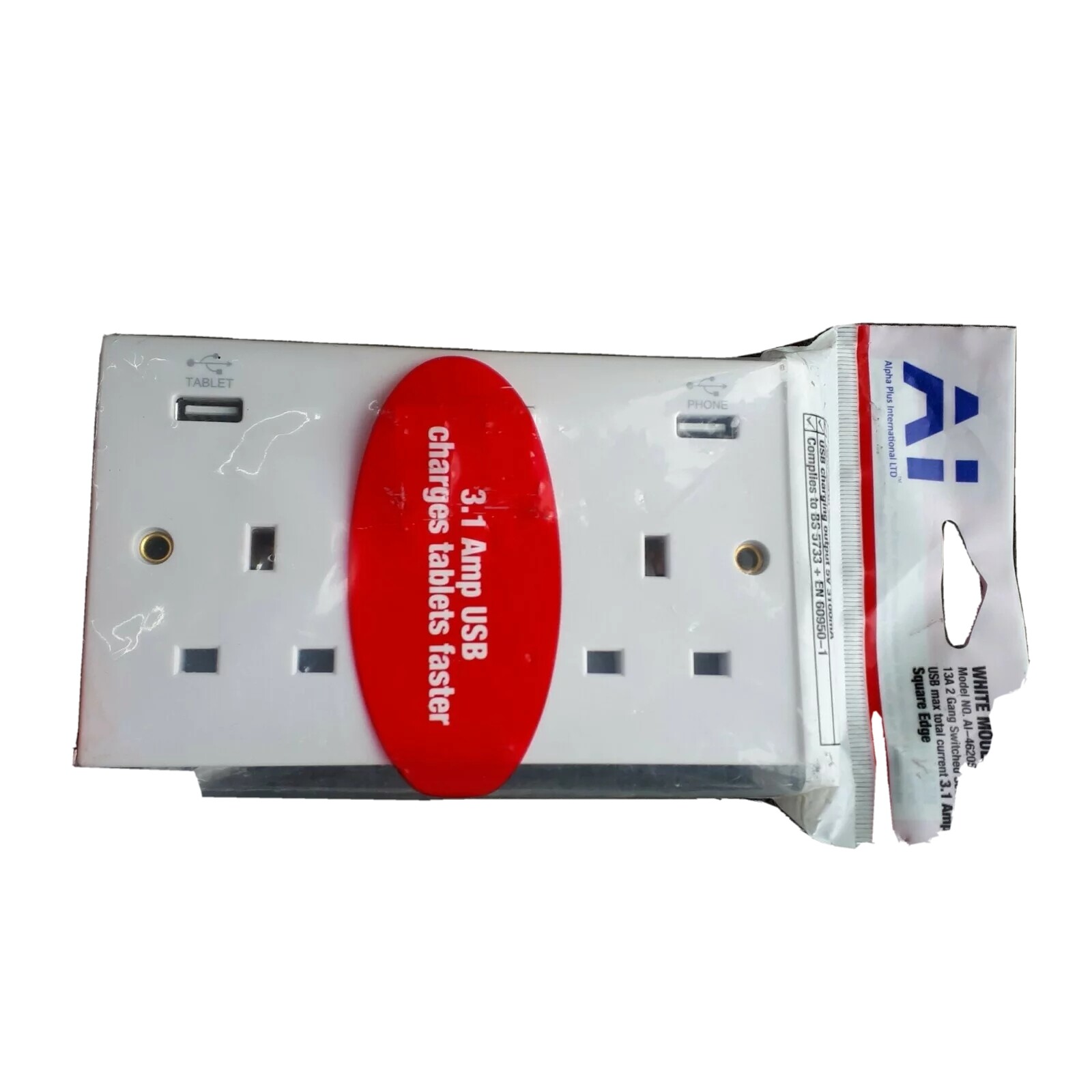 Alpha Plus White 13A 2 Gang Switched Socket USB Max Total Current 3.1 Amp