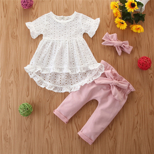 Recién Nacido Bebé Niñas Ropa de Verano Manga Corta Vestido Prendas para el torso Diadema Pantalones Conjuntos - Imagen 10 de 10