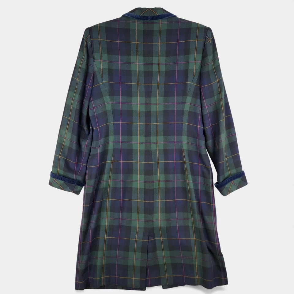 Vintage Kasper ASL Dress Womens 10P Green Navy Plaid Tartan Dress Velvet Trim - Image 2 of 4