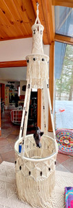 LARGE Vintage 1970 1960s 60s 70s Boho Macrame Chandelier Hanging Glass Shelf 93"