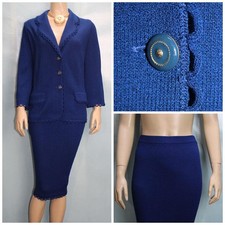 St. John Collection Blue Jacket Skirt L Size 12 14 2pc Suit Loop Trim Buttons