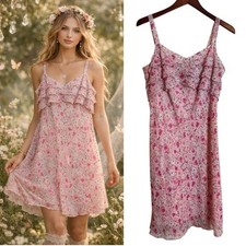 Vintage Y2K Ann Taylor Pink Floral Silk Fairy Dress 10 Petite Feminine Ruffled