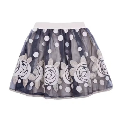 Monnalisa Girl's 13 Skirt Gray Tutu Pull On Tulle Floral Polka Dot Embroidered