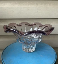 Purple Rim Swirl Crimped Art Deco Style Heavy Art Glass Vase 10x6