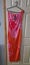 🌸 PRETTYLITTLETHING; ORANGE ONE SHOULDER ORCHID PRINT MAXI DRESS - SIZE 12