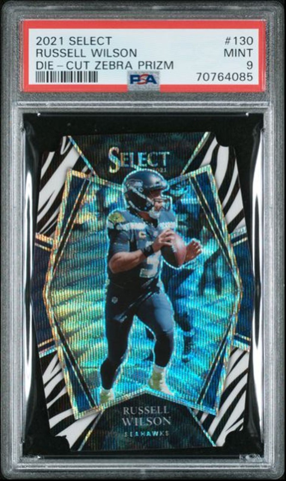 2021 Panini Select Premier Zebra Prizm Die-Cut Russell Wilson PSA 9 #130