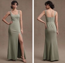BHLDN X Anthropologie Ashlynn Square-Neck Crepe Side-Slit Dress Sz 6 Moss Green
