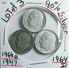 LOT of 3 Roosevelt Dimes 2-1964 D Error ! 1947 (P) 90% Silver VG Condition Look*