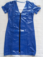 LATEST DESIGN Shiny Blue Faux Leather Wet Look Zip Up Front Mini Dress Size 18