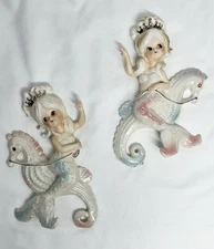Vintage Lefton Mermaid Riding Seahorse Wall Plaque Figurine Ceramic Rhinestone