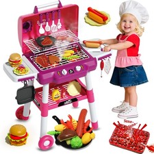 Kid Toy Grill, BBQ Grill Playset with Light Sound, Smoke Effect and 2 Wheels,...