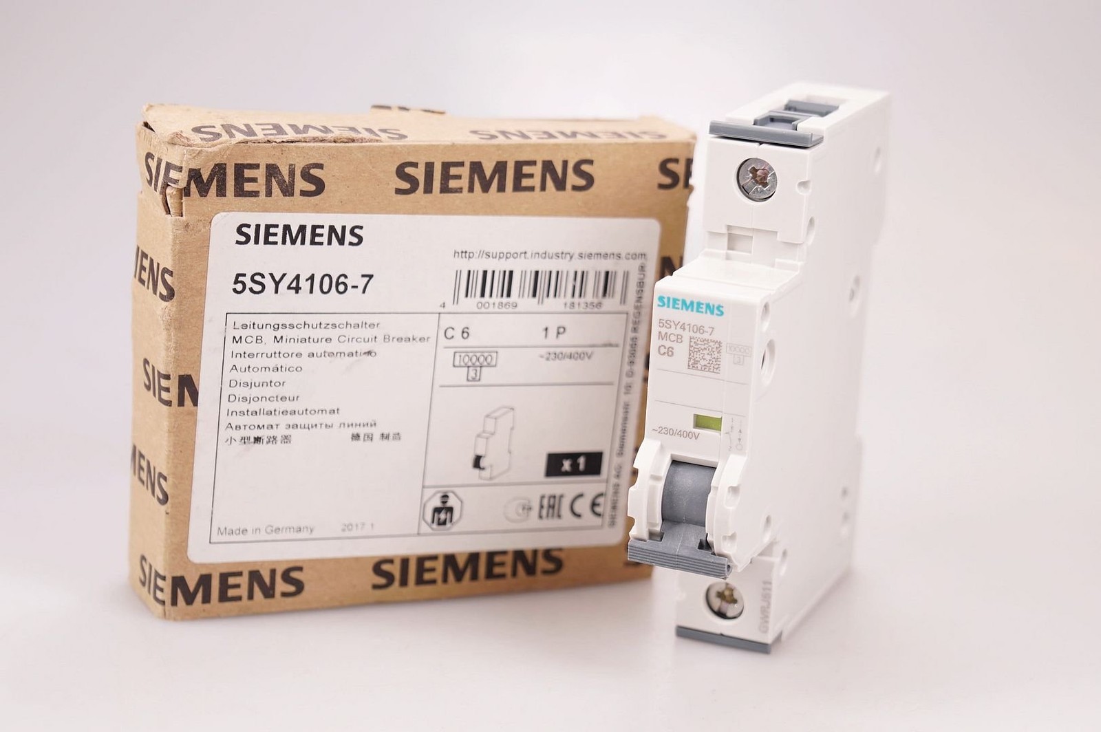 Siemens 5SY4106-7 MCB C6 1-Pole 230/400V 10kA 6A 70mm 70°C